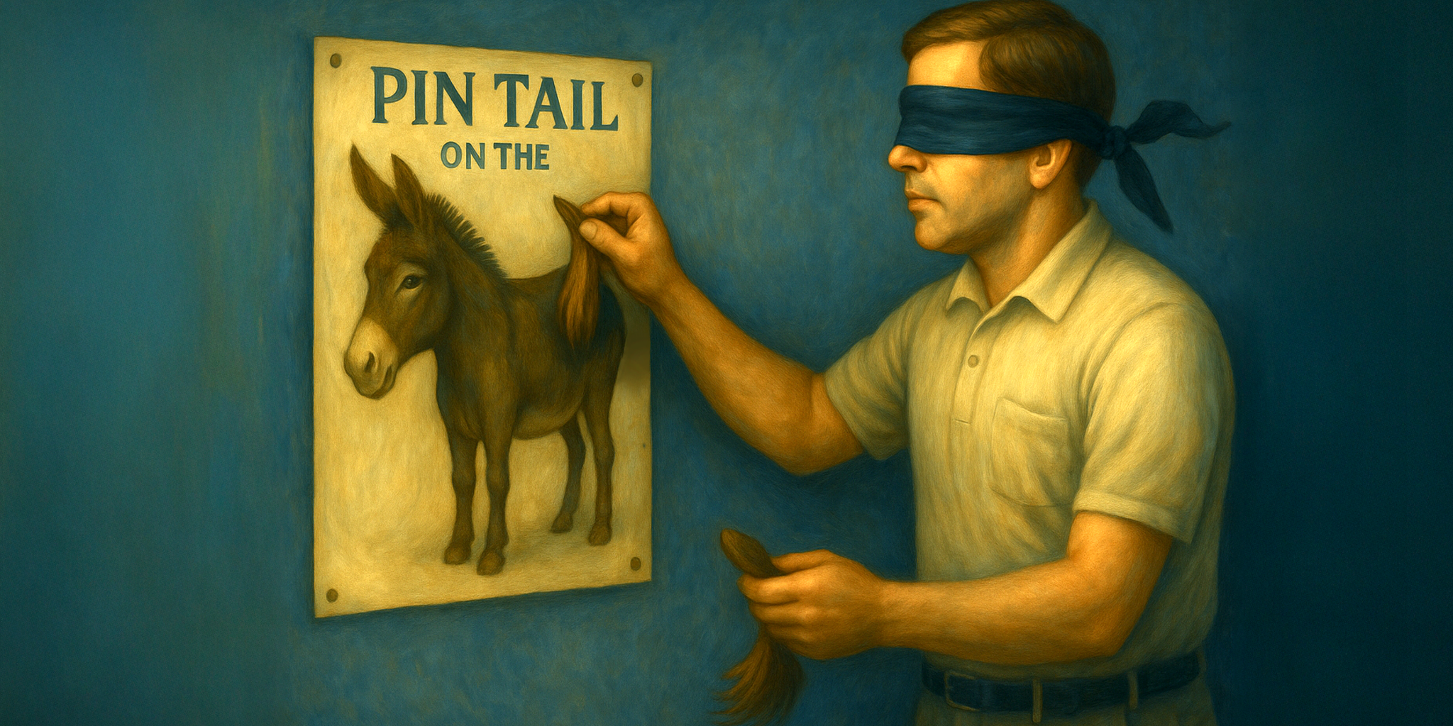 Blindfolded IT Worker Playing Pin the Tail on the Donkey